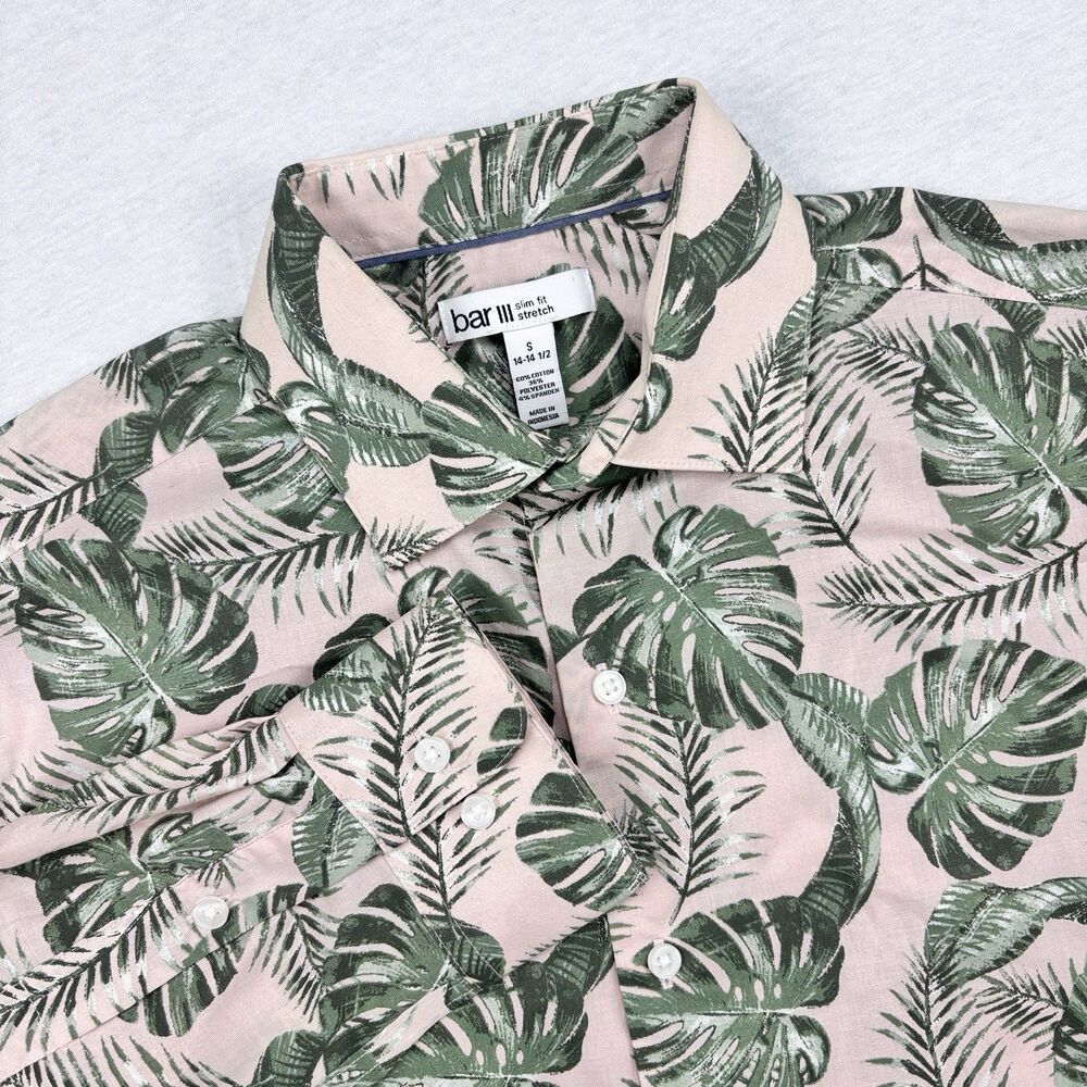 Bar III Shirt S Pink Green Tropical Monstera Palm Slim Fit Stretch S